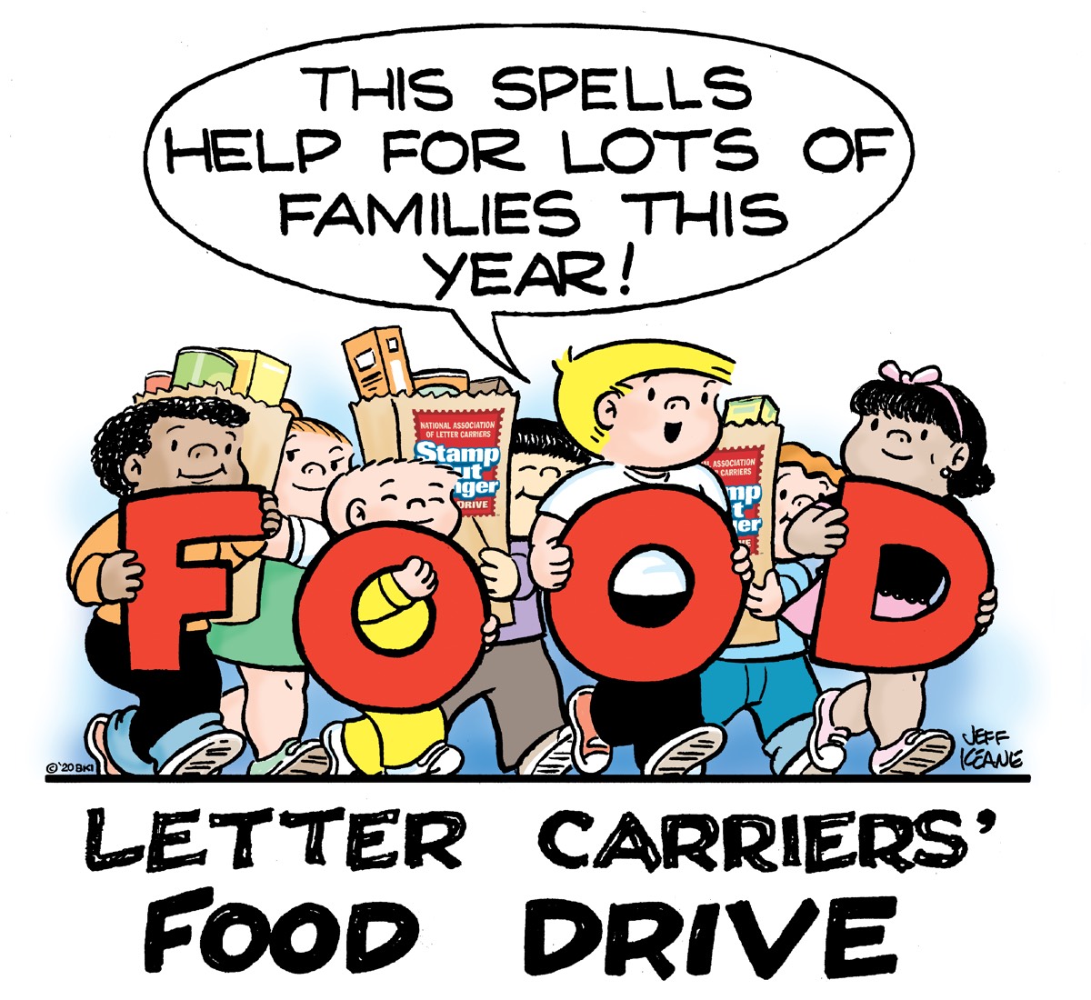 Letter Carriers' Food Drive - Features a cartoon of Family Circus characters holding bags of food and the letters of the word food. One of the children is saying that this spells help for lots of families this year.